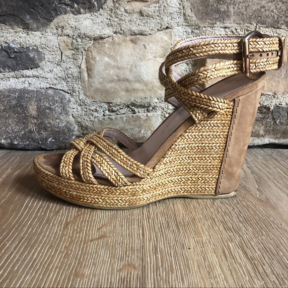 STUART WEITZMAN Rein Braided Tan Wedge Sandalssz 8.5 price firm! - Picture 2 of 11